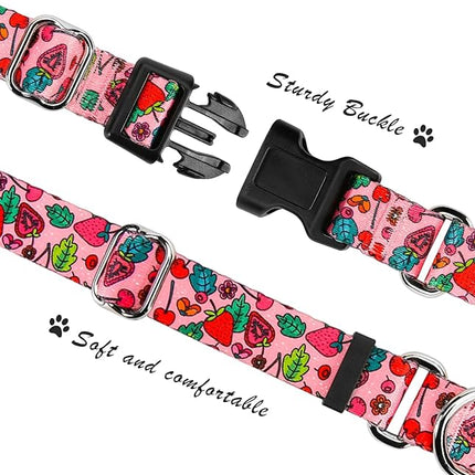 Hikiko Summer Dog Collar for Small Medium Large Dogs, Adjustable Nylon Fruit Pattern Martingale Collars with Quick Release Buckle (Pink Strawberry,S)