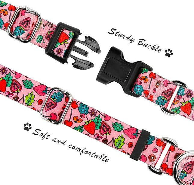Hikiko Summer Dog Collar for Small Medium Large Dogs, Adjustable Nylon Fruit Pattern Martingale Collars with Quick Release Buckle (Pink Strawberry,S)