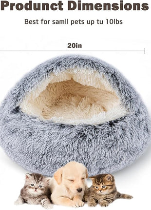 Cat Bed for Indoor Cats, Calming Cozy Cave with Self-Warming Plush, Entire Bed Machine Washable & Anti-Slip Base, Breathable Pet Bed for Small Cats&Dogs All Seasons (Grey, 20 * 20inch)