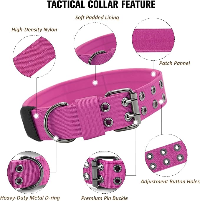Tactical Dog Collar with Handle, Military Adjustable Heavy Duty Metal Buckle Dog Collars Soft Nylon Training Collar for Medium Large Dogs (Pink, Medium)
