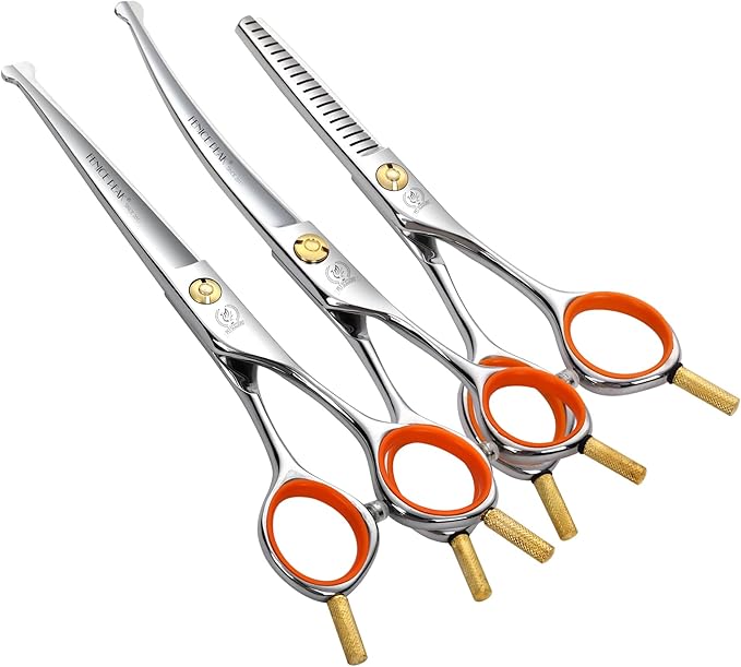 Fenice Peak 5" 3-in-1 Dog Grooming Scissors Set with Comb, Straight, Curved & Thinning Shears, Japanese 440C Stainless Steel Pet Grooming Kit for Dogs and Cats, Sharp Durable Blades