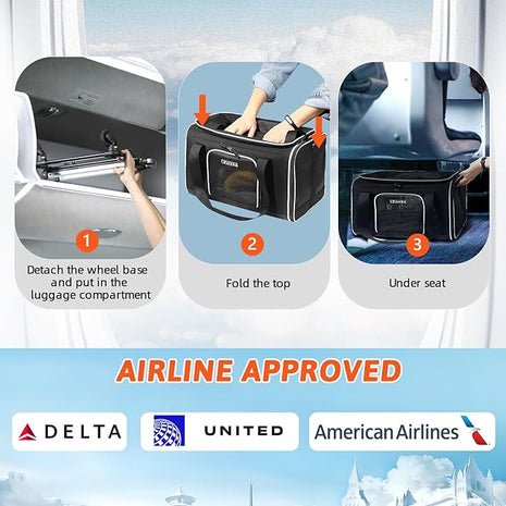 Petskd Top-Expandable Pet Carrier with Wheels 18x11x11 Inches Delta American United Airline Approved, Soft-Sided Carrier for Small Cats Dogs with Locking Safety Zippers and Anti-Scratch Mesh(Black)