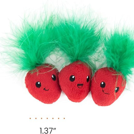 Catstages Strawbabies 3-Pack Catnip Cat Toys for Dental Health, Feather & Crinkle Teething Toys for Kittens and Indoor Cats, Interactive Play, Pink