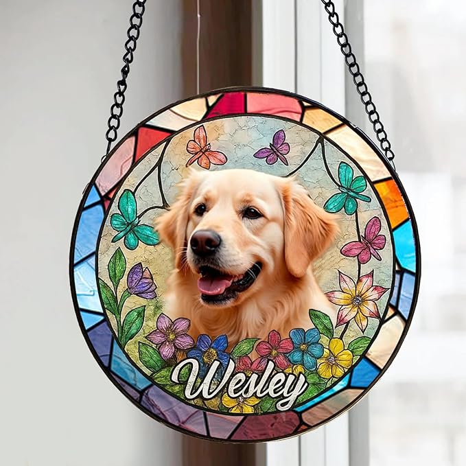 Gabita Custom Pet Portrait Stained Glass Window Hanging, Memorial Dog Portrait Art Light Catcher, Dogs Ornament Christmas Tree, Dog Sympathy Gift, Pet Memorial Ornament