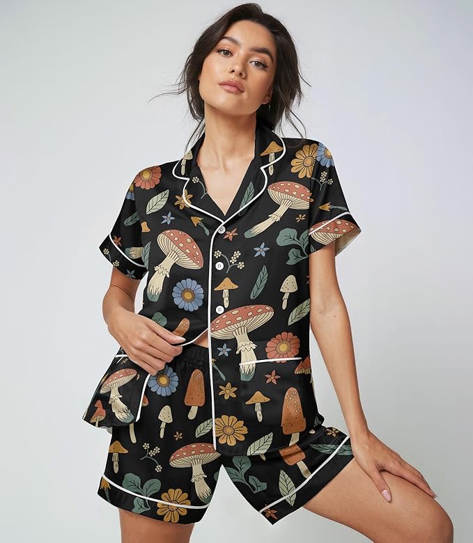 Women’s Silk Satin Pajama Set, Short Sleeve Button Down 2 Piece PJs with Shorts, Cozy Loungewear & Matching Holiday Pajamas