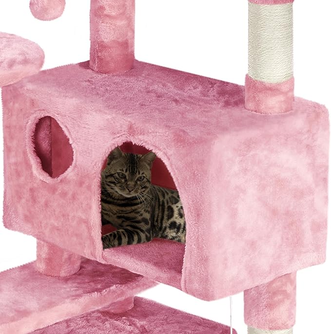 Yaheetech 62in Cat Tree Tower for Indoor Cats, Kitten Furniture with Double Condo, Scratching Posts, Multiple Platforms and Balls for Kitty, Pink