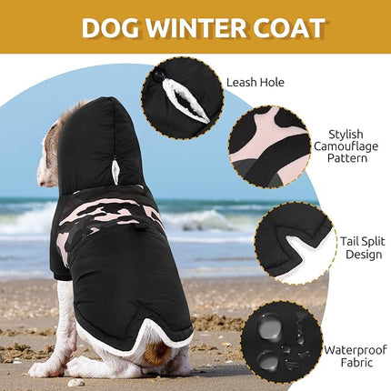 Queenmore Warm Dog Winter Coat, Cold Weather Waterproof Dog Snow Jacket, Reflective Dogs Hoodie with Long Sleeves for Small Medium and Large Dogs