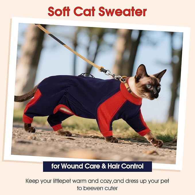 DENTRUN Cat Clothes with Anti-Shedding Fabric - Soft Recovery Suit & Breathable Lint-Resistant Cat Sweater for Wound Care & Hair Control, Kitten Onesie Pajamas, XXL, Dark Blue