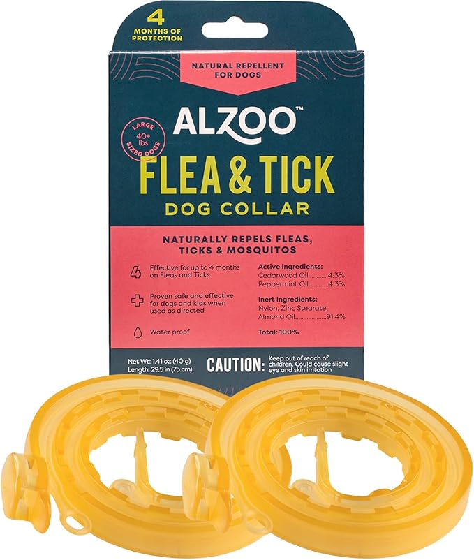 ALZOO Natural Flea & Tick Dog Collar - Helps Repel Fleas, Ticks & Mosquitoes - 100% Plant-Based Active Ingredients - Waterproof - Up to 4 Months Protection - Large-Sized Dogs: 40+ lbs - Pack of 2