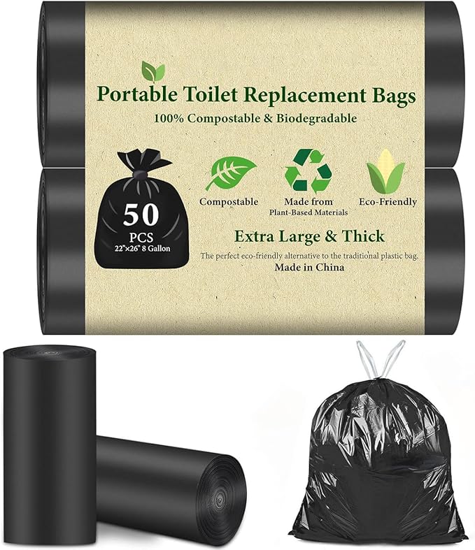 50 PCS Portable Toilet Bags for Camping, Drawstring Biodegradable Porta Potty Bags - 8 Gallon Thickened Waste Bag for 5 Gallon Bucket Toilets, Compostable Bag for Adults(50 Count)