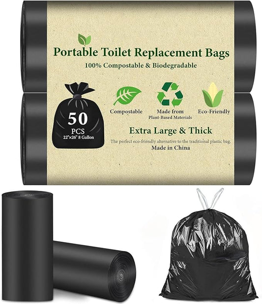 50 PCS Portable Toilet Bags for Camping, Drawstring Biodegradable Porta Potty Bags - 8 Gallon Thickened Waste Bag for 5 Gallon Bucket Toilets, Compostable Bag for Adults(50 Count)