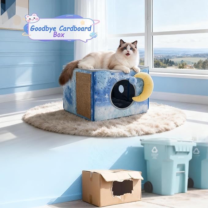 CWV Cat Houses for Indoor Cats, Cute Cat Cave Bed with Scratch Pad, Foldable Cat Cube for Multiple Large Cats, 17X17x13inch, Star Design
