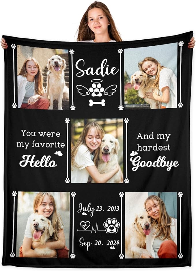 Ship Next Day,Pet Memorial Blanket Gift - Print in USA,Personalized Dog Memorial Blanket with Photo Name, Pet Sympathy Gifts for Dogs Lovers, Custom Loss of Dog Blankets, Remembrance Bereavement Gifts
