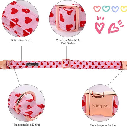 ARING PET Valentine's Day Dog Collar with Bow, Cute Adjustable Pink Heart Bowtie Pet Collars with Metal Buckle for Puppy Small Medium Large Boy Girl Dogs-M