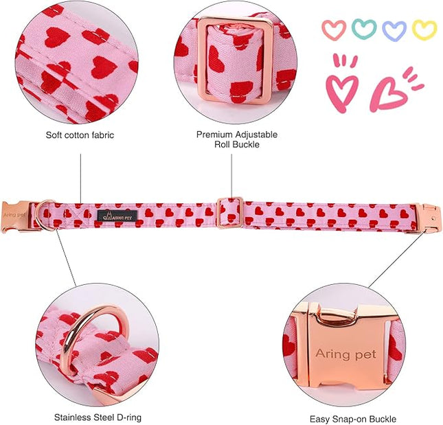 ARING PET Valentine's Dog Collar-Adorable Pink Heart Dog Collar with Flower, Adjustable Cotton Girl Dog Collars with Metal Buckle