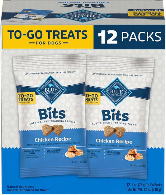 Blue Buffalo BLUE Bits Natural Soft Moist Training Dog Treats TOGO Chicken Recipe Bags, contains Twelve (12) oz bags