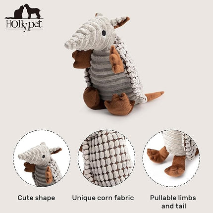 Hollypet Plush Dog Squeaky Toy Stuffed Armadillo Animal Pet Puppy Chew Toys with Clean Teeth for Small Medium Large All Breed Sizes Dogs, Gray, 8 in