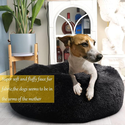 Dog Beds for Medium Dogs 30 Inches Black Fluffy and Soft Dog Bed Faux Fur Round Medium Sized Pet Bed for Dog