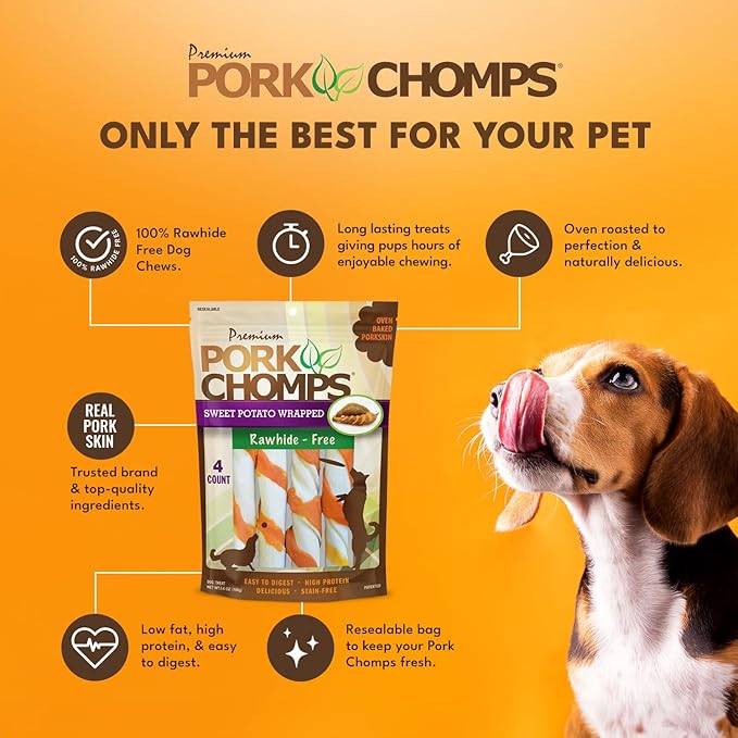 Pork Chomps Baked Pork Skin Dog Chews, 6-inch Twists, Real Sweet Potato Wrap, 4 Count (Pack of 2)