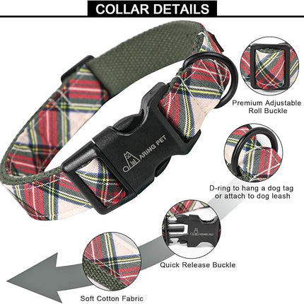ARING PET Christmas Dog Collar, Cute Red Green Plaid Cotton Lightweight Pet Puppy Collars for Small Medium Large Dogs-M