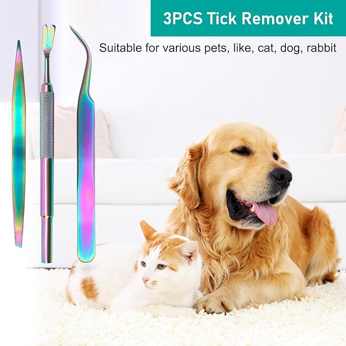 3 in 1 Tick Remover Kit, Stainless Steel Tick Remover Tweezers Tools Set for Pet Dog, Cat, with Storage Box (Colorful)
