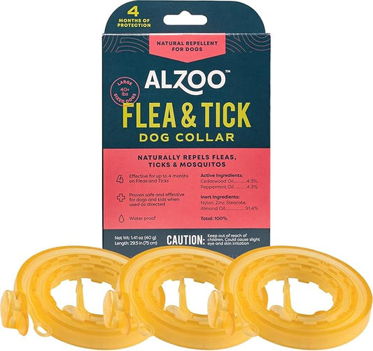 ALZOO Natural Flea & Tick Dog Collar - Helps Repel Fleas, Ticks & Mosquitoes - 100% Plant-Based Active Ingredients - Waterproof - Up to 4 Months Protection - Large-Sized Dogs: 40+ lbs - Pack of 3