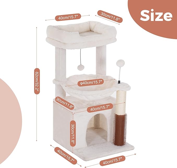 Cat Tree 32 Inches Small Cat Tree for Large Cats Adult Cat Tower with Scratching Post,15.7”Large Hammock and Self Groomer, and Removable Top Perch and Wide Condo for Indoor Cats-Beige