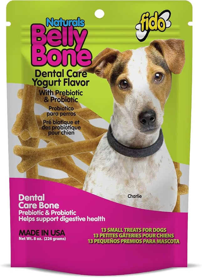Fido - Belly Bones for Dogs, 13 Yogurt Flavor Small Dog Dental Treats (Made in USA) - 13 Count Dog Treats for Small Dogs - Plaque and Tartar Control for Fresh Breath, Digestive Health Support