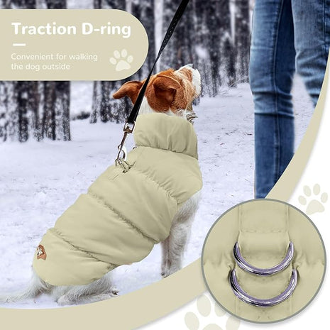 Winter Warm Dog Jacket for Small Medium Dogs Cat Cold Weather Coats with Harness Paded Dogs Fleece Vest Waterproof Windproof Dog Snow Jacket Pet Puppy Clothes (Khaki,M)