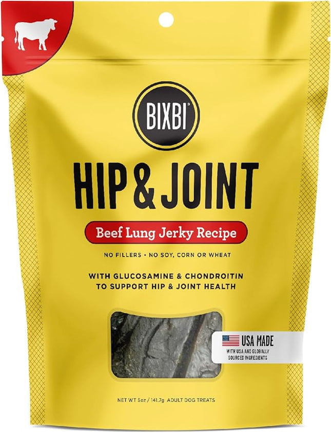 BIXBI Hip & Joint Support Beef Lung Jerky Dog Treats, 5 oz - USA Made Grain Free Dog Treats - Glucosamine, Chondroitin for Dogs - High in Protein, Antioxidant Rich, Whole Food Nutrition, No Fillers