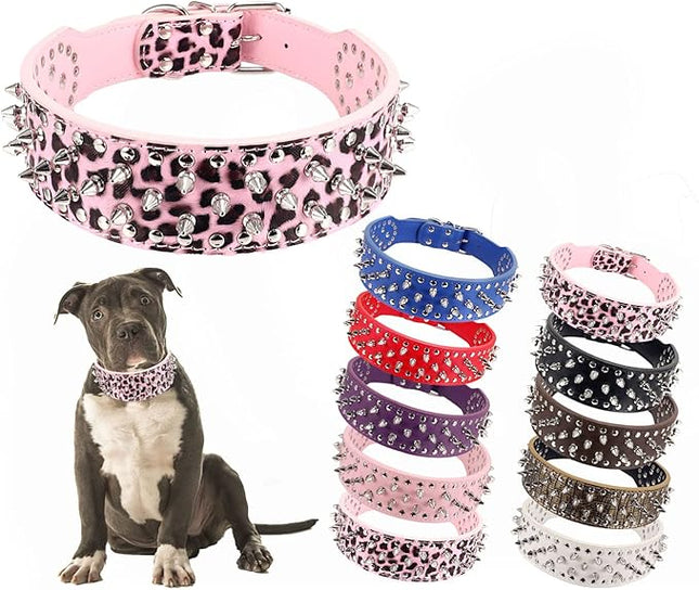 Hoot PU Leather Adjustable Spiked Studded Dog Collar 2" Wide 31 Spikes (S(Neck 17"-20"), Pink Leopard)