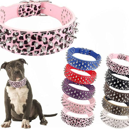 Hoot PU Leather Adjustable Spiked Studded Dog Collar 2" Wide 25 Spikes (XS(Neck 15"-18"), Pink Leopard)