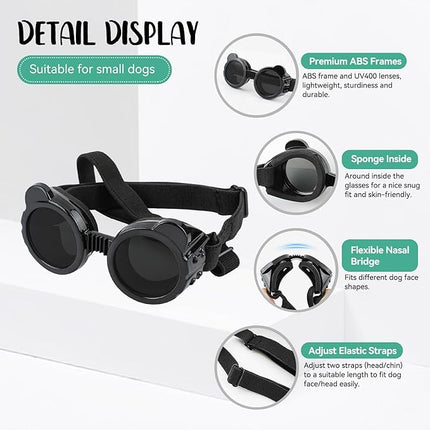 Lesypet Dog Sunglasses Small Breed, Dog Goggles for Small Dogs Eye Protection Windproof Doggie Glasses for Outdoor Driving Hiking UV Protection, Black
