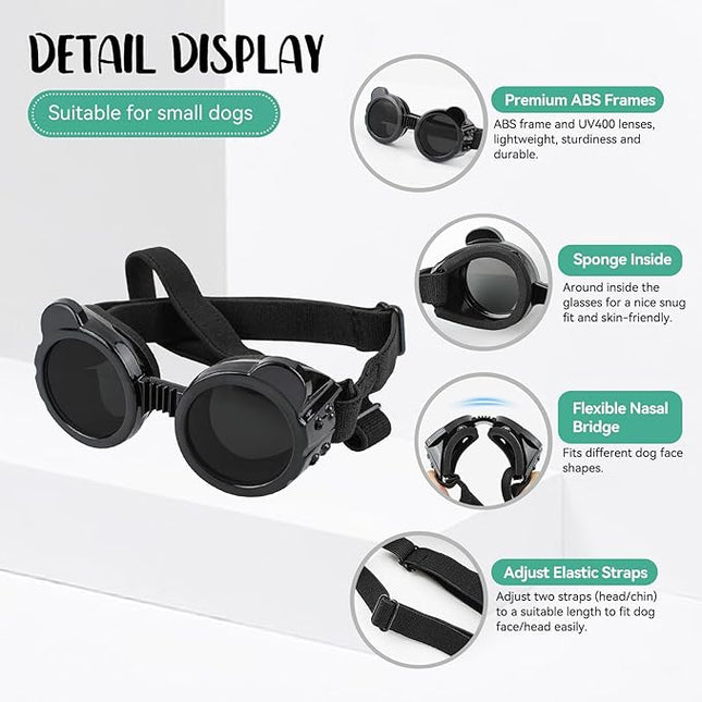 Lesypet Dog Sunglasses Small Breed, Dog Goggles for Small Dogs Eye Protection Windproof Doggie Glasses for Outdoor Driving Hiking UV Protection, Black