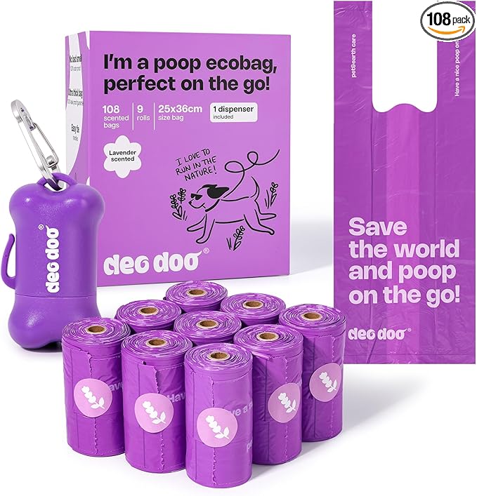 Dog Poop Bags with Handles 9 Rolls 108 Counts Big Sizes Leak Proof and Extra Thick Waste Bags Refill Rolls for Walking Small Medium Large Dogs Cats Litter With Holder Lavender Scented