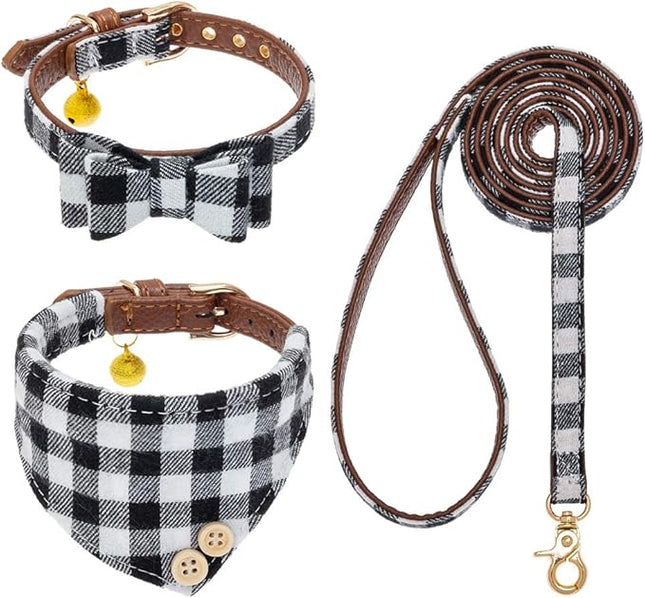 EXPAWLORER Dog Collar and Leash Set - Classic Plaid Dog Bow Tie and Dog Bandana Collar with Bell, Dog Leash Tangle Free, Adjustable Collars for Small Medium Dogs, Holiday Ideal Gift, SM
