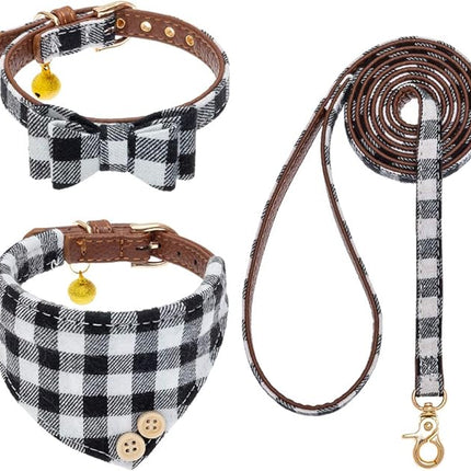 EXPAWLORER Dog Collar and Leash Set - Classic Plaid Dog Bow Tie and Dog Bandana Collar with Bell, Dog Leash Tangle Free, Adjustable Collars for Small Dogs Cats Puppies, Holiday Ideal Gift, XS