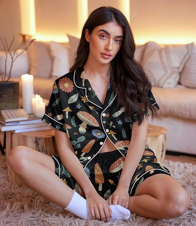 Women’s Silk Satin Pajama Set, Short Sleeve Button Down 2 Piece PJs with Shorts, Cozy Loungewear & Matching Holiday Pajamas