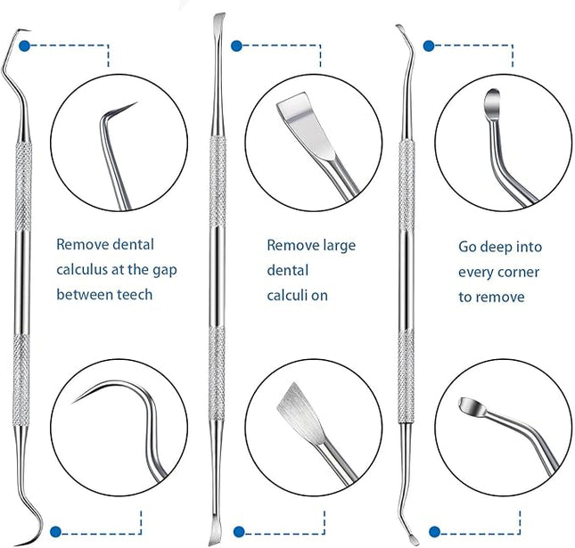 Hotop 3 Pieces Dog Dental Tooth Scaler and Scraper Stainless Double Headed Tarter Removing Tool Scraper Pet Teeth Cleaning Tools for Dog and Cat (Silver)