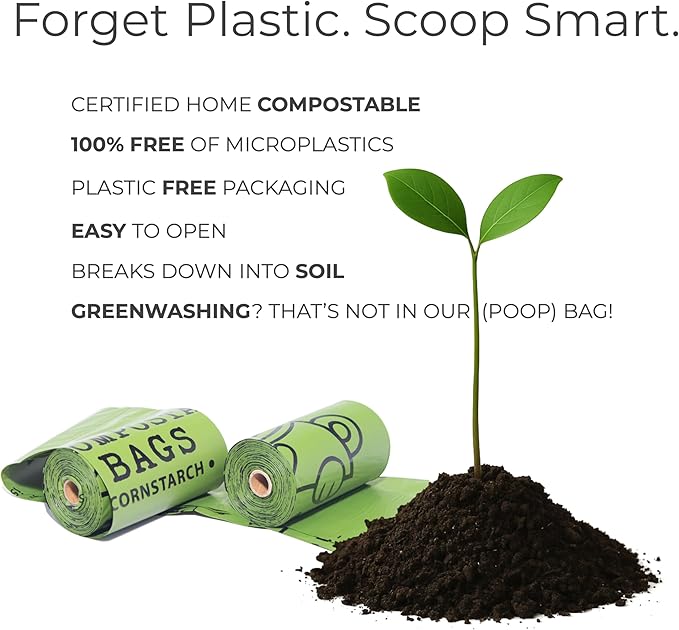 100% Certified Home Compostable Dog Poop Bags, Leak-Proof & Extra Thick, Plant-Based, Unscented, Easy to open, Plastic-Free Pet Waste Bags, 240 Count (16 Rolls, Great Value)