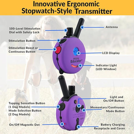 Educator E-Collar Humane Dog Training Collar with Remote, 100 Safe Tapping Stimulation Levels, Night Light, Waterproof, Rechargeable, 1/3 Mile 1 Small Dog, Purple