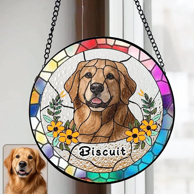 Gabita Custom Pet Portrait Stained Glass Ornaments, Memorial Dog Portrait Art Window Hanging, Dogs Cat Ornament Christmas Tree, Dog Sympathy Gift, Pet Memorial Ornament
