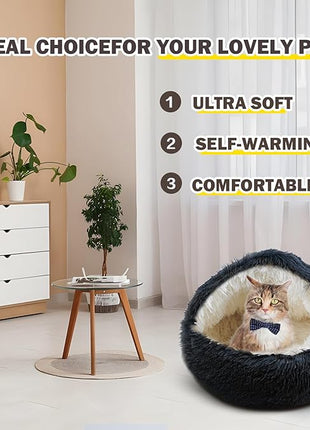 Cat Bed for Indoor Cats, Calming Cozy Cave with Self-Warming Plush, Entire Bed Machine Washable & Anti-Slip Base, Breathable Pet Bed for Small Cats&Dogs All Seasons (Dark Gray, 24 * 24inch)