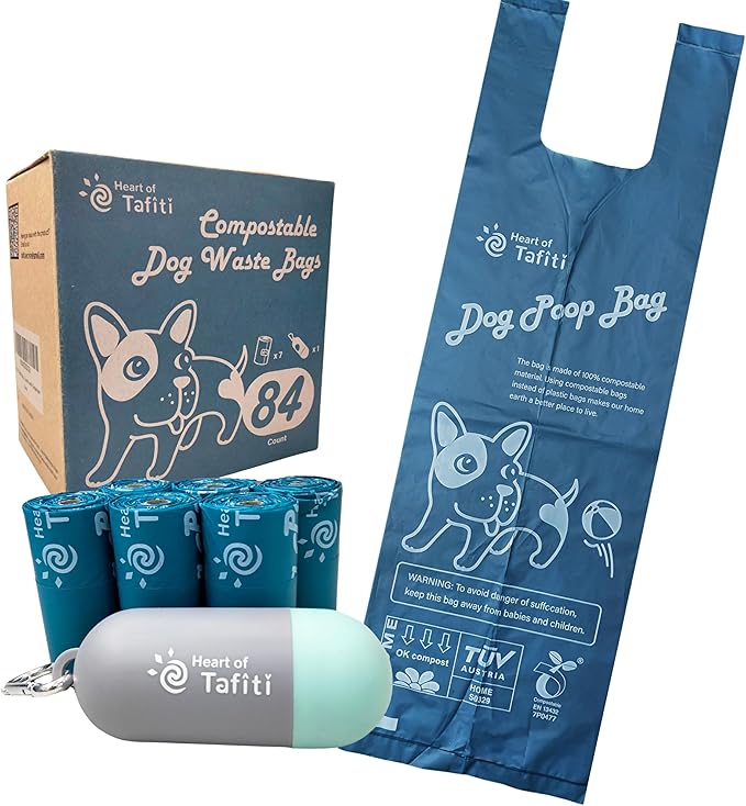 Compostable Dog Poop Bags with Handles, Dog Bags for Poop, Doggie Poop Bags, Plant-Based, Extra Thick & Leak Proof, Unscented, 9 x 13 Inches, 84 Count with Holder