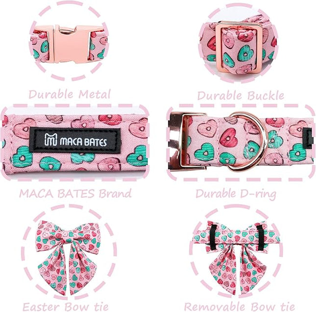 Maca Bates Valentine's Day Dog Collar with Sailor Bow for Medium Girl Boy Dogs,Pink Love Hearts Pattern,Adjustable Durable Soft Valentine Gift for Female Male Puppy