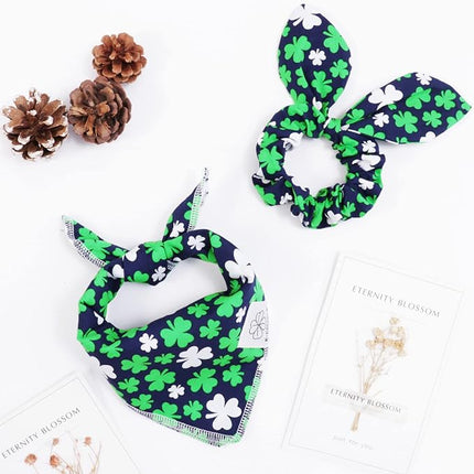 E-Clover Dog Bandana Boy & Matching Scrunchie Set Shamrock Lucky Dog Bandanas Scarf with Bow Hair Ties for Small Puppy Dogs Pet Owner Mom Green Blue
