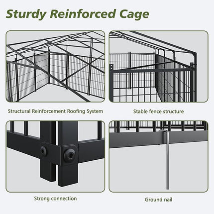 Large Outdoor Dog Kennel with Roof, 9.62’ x 9.35’ x 6.18’ Metal Pet Enclosure, UV & Weatherproof, Spacious Dog Run with Adjustable Feeders Suitable for Dogs, Chickens, Rabbits & More