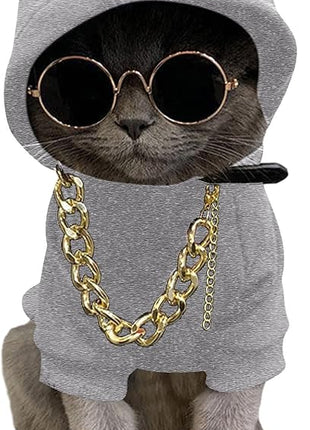 QWINEE 3Pcs Dog Hoodie Cat Apparel Dog Custume Set with Necklace and Sunglasses Pet Clothes for Puppy Small Medium Dogs Cats Grey S