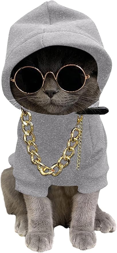QWINEE 3Pcs Dog Hoodie Cat Apparel Dog Custume Set with Necklace and Sunglasses Pet Clothes for Puppy Small Medium Dogs Cats Grey M