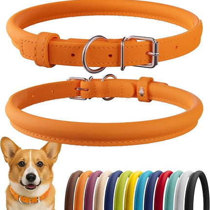 CollarDirect Rolled Leather Dog Collar, Soft Padded Round Puppy Collar, Handmade Genuine Leather Collar Dog Small Large Cat Collars 13 Colors (11-14 Inch, Orange Smooth)